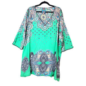 Johnny Was Womens 2X Top Tunic Embroidered Hems V-neck Cotton Gauze Green